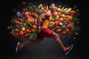 Bild på en idrottare som springer och nyttig frukt och grönsaker i bakrunden